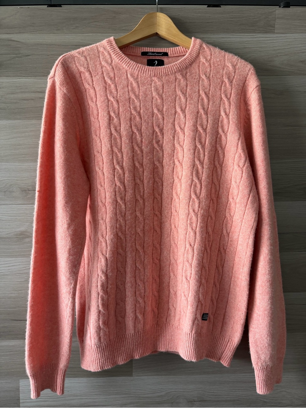Indian Terrain Lambswool Pink (Salmon) Cable-Knit Crewneck Sweater